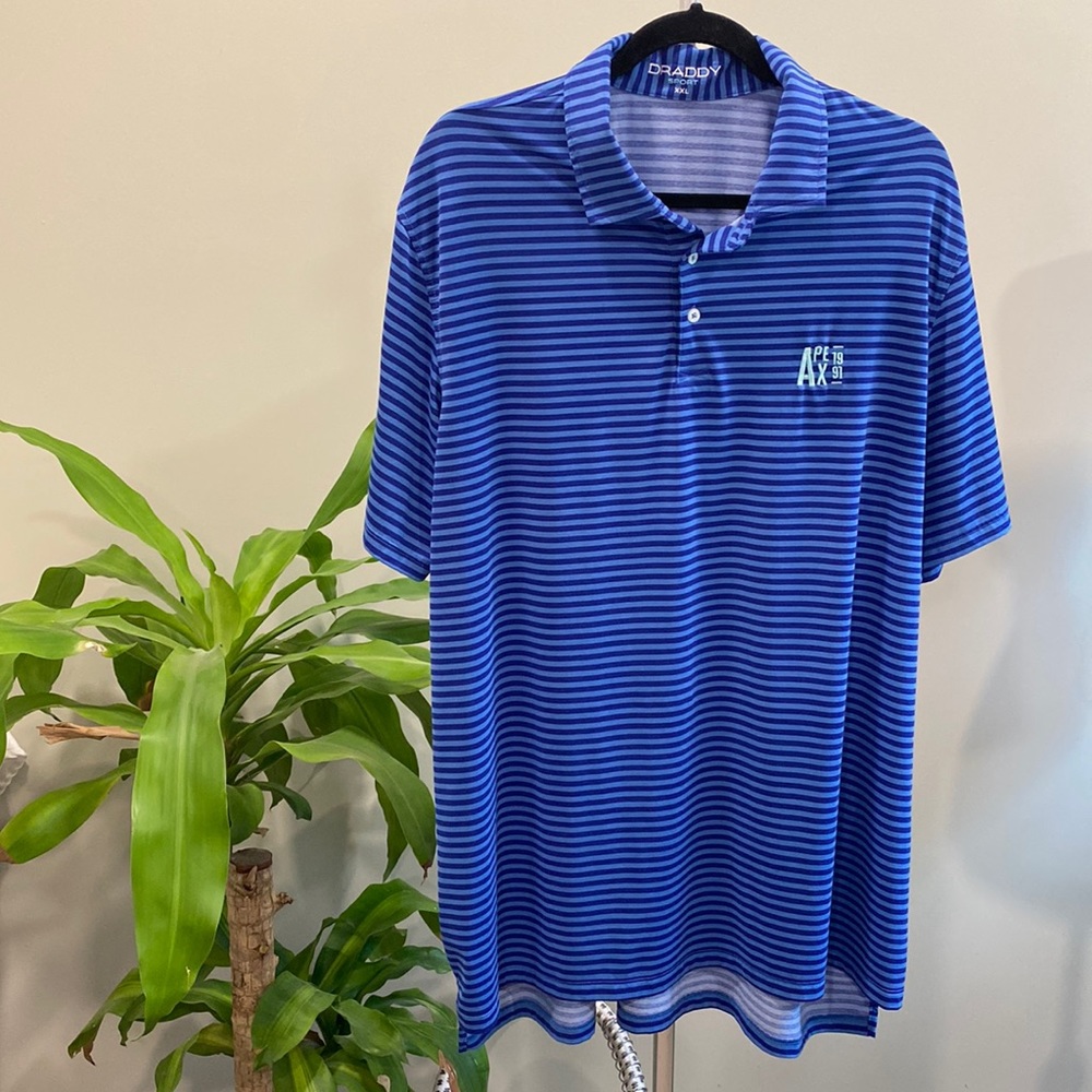 B Draddy Sport Performance Golf Blue Stripe Polo Shirt